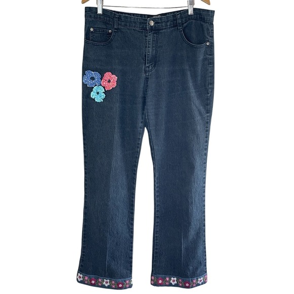 UPCYCLED Bootcut COS JEANS with Crochet Flowers & Floral Trim, Size 12‎ - Picture 1 of 10